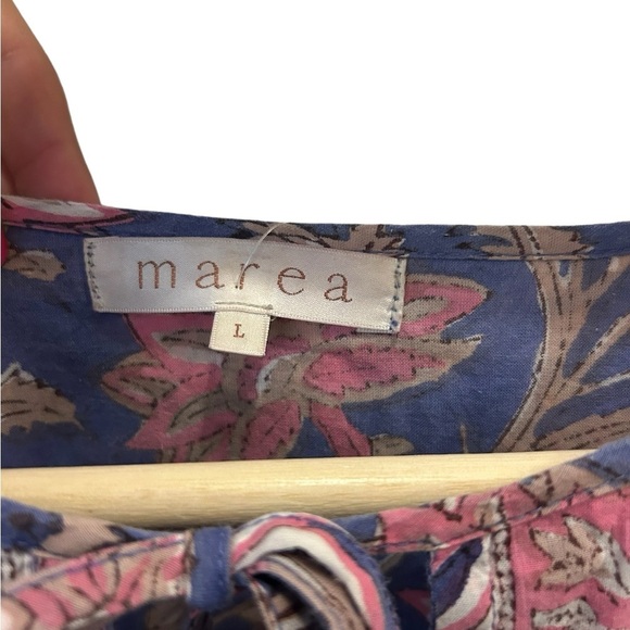 Marea by Liz Joy Casita Cotton Block Floral 3/4 Sleeve Tie Split Neck Mini Dress - Picture 6 of 8